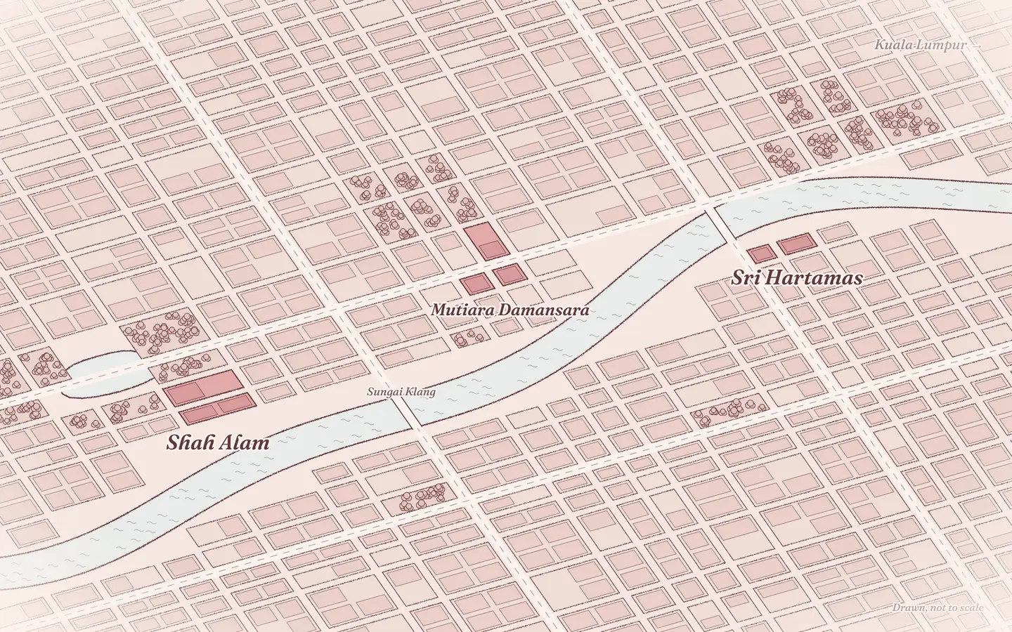 Drawn street map, not to scale: Shah Alam in the west, Mutiara Damansara in the middle and Sri Hartamas in the east, along Sungai Klang.