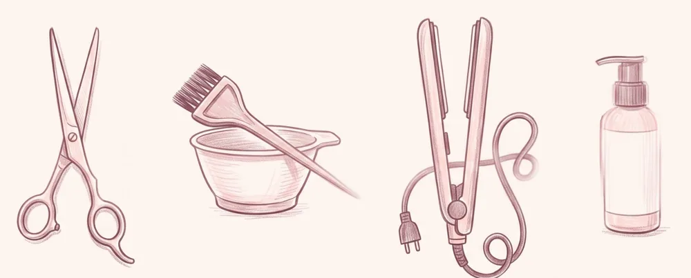 Drawing: scissors, a colour bowl and brush, a flat iron and a treatment bottle