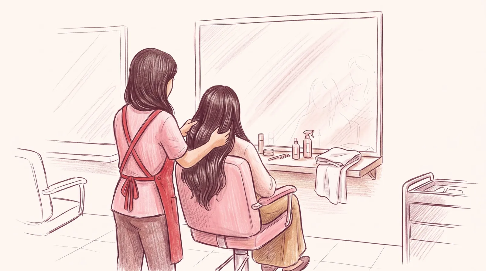 Drawing from behind: the same woman in the chair with her hijab off, a stylist combing out her hair