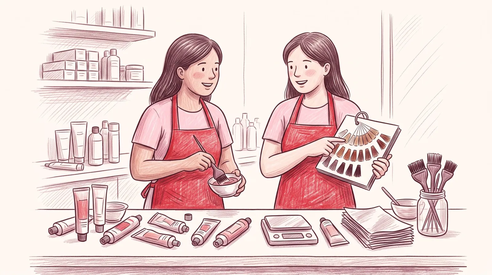 Drawing: two stylists at the colour bar, one mixing colour in a bowl, the other holding up a swatch book