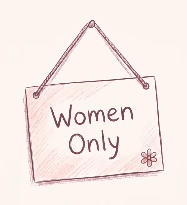 Drawing: a small card on a string that reads Women Only